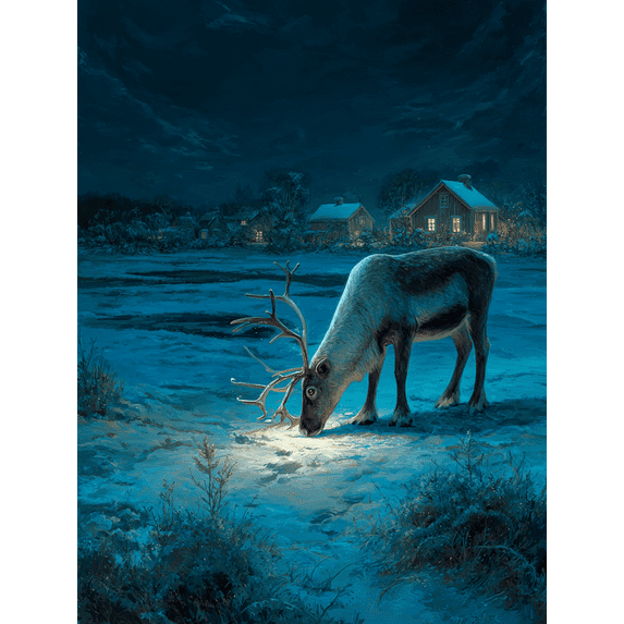 Reindeer Grazing Starry Night Winter Landscape Canvas Print, Suitable for Living Room, Office, Hallway, Cabin, Lodge