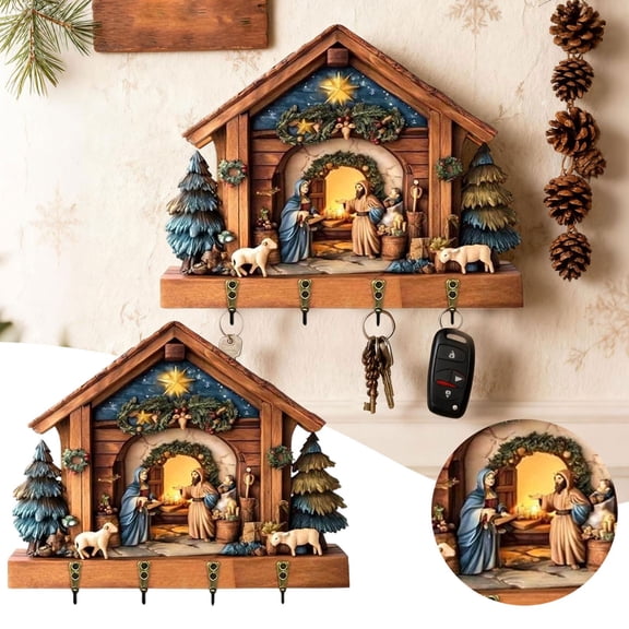 Reindeer Holiday Wall Key Organizer, 1 Count, 11.8 x 9.1 Inch, Wooden Festive Deer Rack, Christmas Entryway Decor with Hooks, Seasonal Leash Holder for Pet Owners Winter Home Decoration