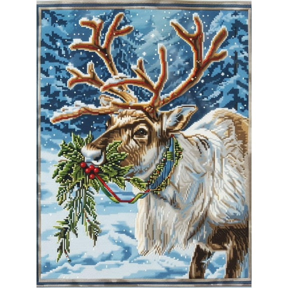 Reindeer with Holly Christmas Snow DIY 11CT Stamped Cross Stitch Kits for Beginners Easy Needlepoint Embroidery Counted Cross Stitch Art Craft for Wall Decoration 20x28inch(2)