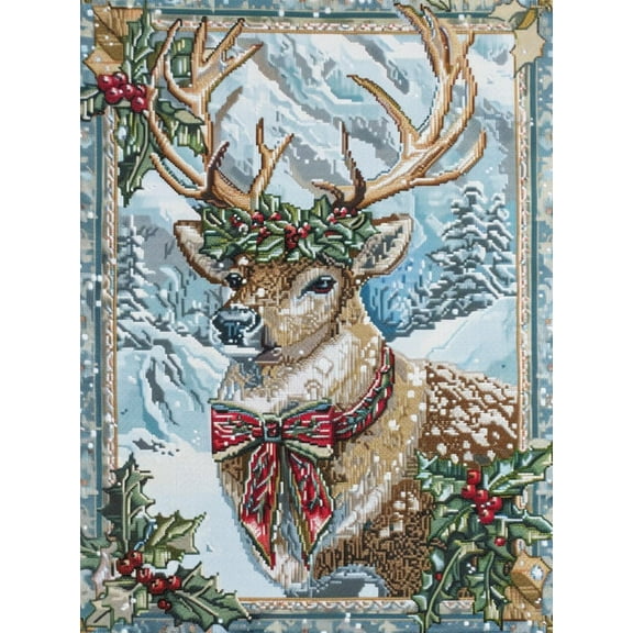 Reindeer with Holly Snow Merry Christmas DIY 11CT Stamped Cross Stitch Kits for Beginners Easy Needlepoint Embroidery Counted Cross Stitch Art Craft for Wall Decoration 12x16inch(5)