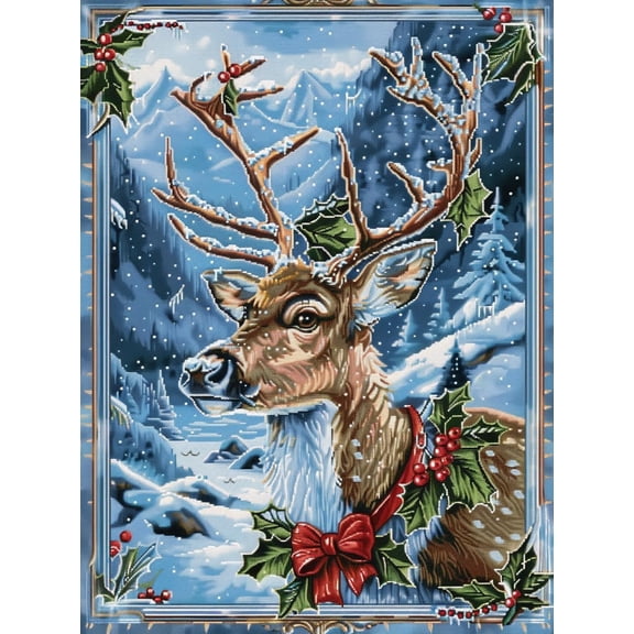 Reindeer with Holly Snow Merry Christmas DIY 11CT Stamped Cross Stitch Kits for Beginners Easy Needlepoint Embroidery Counted Cross Stitch Art Craft for Wall Decoration 12x16inch(2)