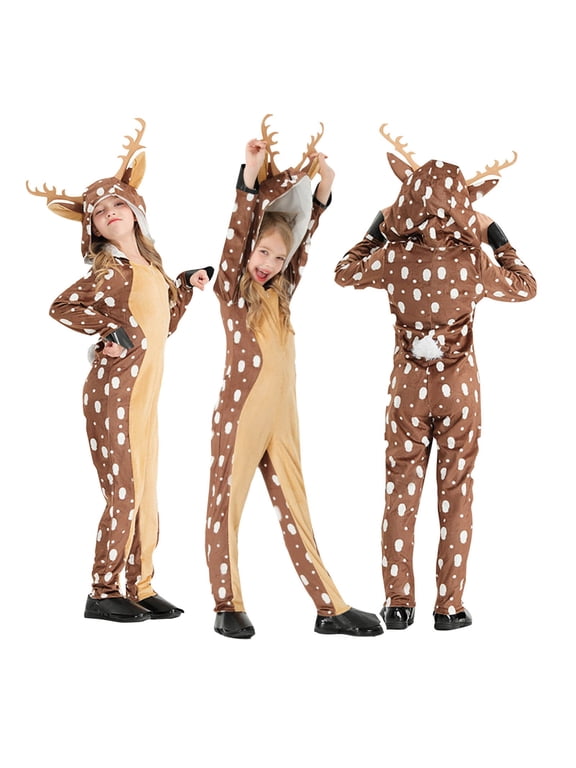 Reindeer Hooded Costume Jumpsuit for Girls Full Body Animal Cosplay Onesie Unisex Holiday Party Wear
