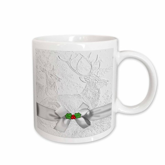 3drose, Reindeer in White with Silver Bow and Holly Etched Look Can Not Be Felt to the Touch, 15oz Mug