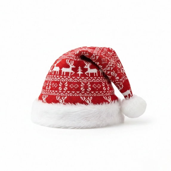 Reindeer Knit Christmas Santa Hat Red Pom Pom Fur Trim Holiday Hat