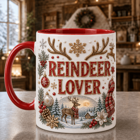 Reindeer Lover Mug 3D Effect Christmas Coffee Cup with Antlers & Snowflakes