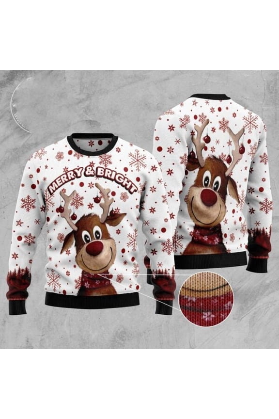 Reindeer Merry & Bright 3D Christmas Sweater, Christmas Sweater, 3D Sweater, Funny Xmas Sweaters