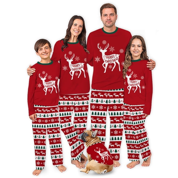 Reindeer Merry Christmas Matching Family Pajamas, Red Festive Pajama Sets With Extended Sizes