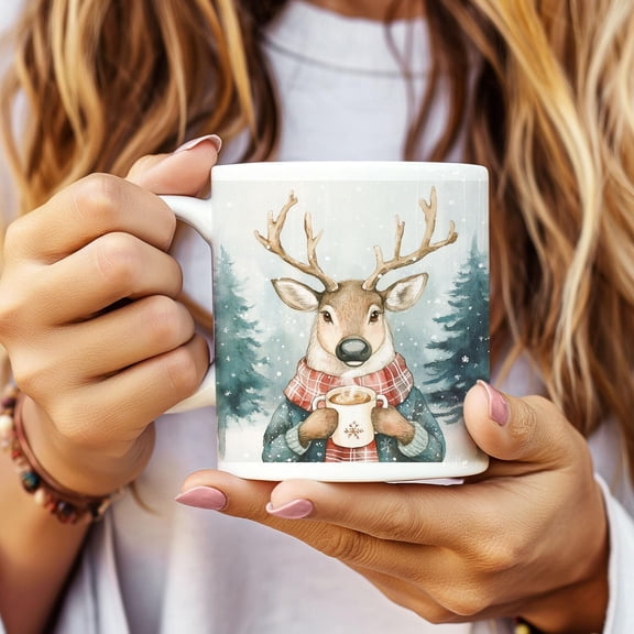 Reindeer Mug, Christmas Coffee Cup, Winter Hot Chocolate, Holiday Drinkware, Festive Tea Mug, Cozy Cocoa Mug, Warmly dressed reindeer, xmas