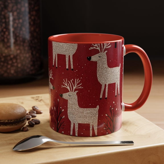 Reindeer Mug, Cute Christmas Deer Coffee Mug, Cozy Winter Christmas Cup, Santa's Reindeer Pattern Cup, Hot Cocoa Tea Cup, Red Deer Glass