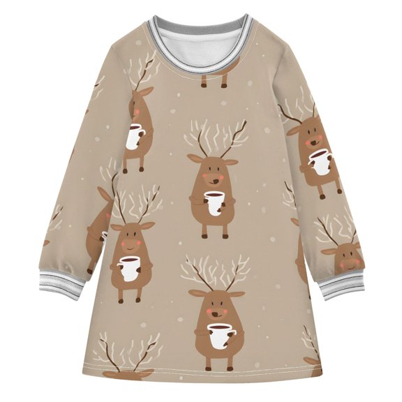 Reindeer Mug Design Girls'long-sleeved dress Thickened A-dress Warm Dress Basic Shirt Party Dresses