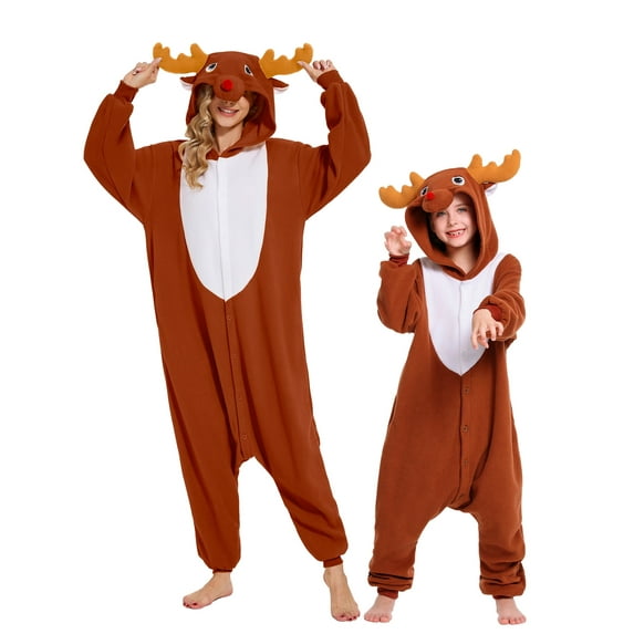 Reindeer Onesie Adults Unisex Animal Pajama Polyester One-Piece Sleepwear for Women and Men 8-10Years