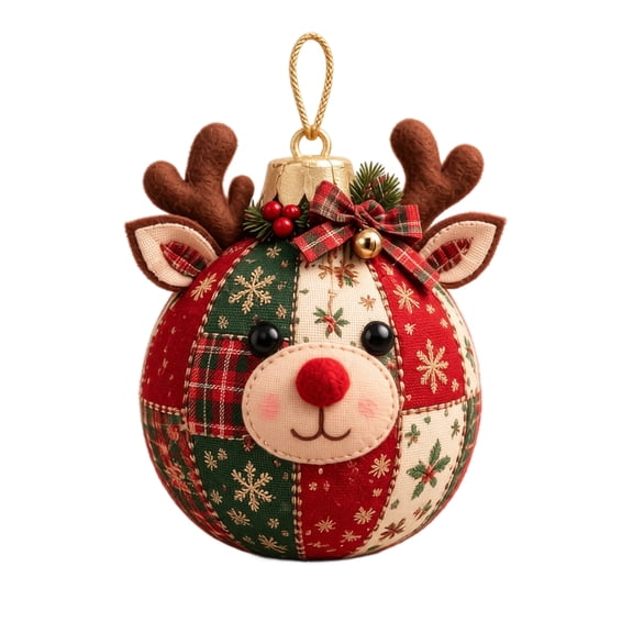 Reindeer Patchwork Christmas Ornament, Quilted Fabric Ball with Snowflake Holly Print, Gold Cord Holiday Decor and Photoshoot Prop
