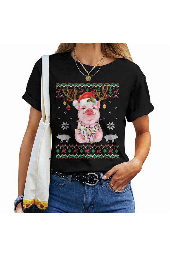 Reindeer Pigs with Santa Hat Christmas Ugly Sweater Style Graphic Tee Unisex Adult Cotton Holiday Gift for Animal Lovers, Size 2XL, Color Black
