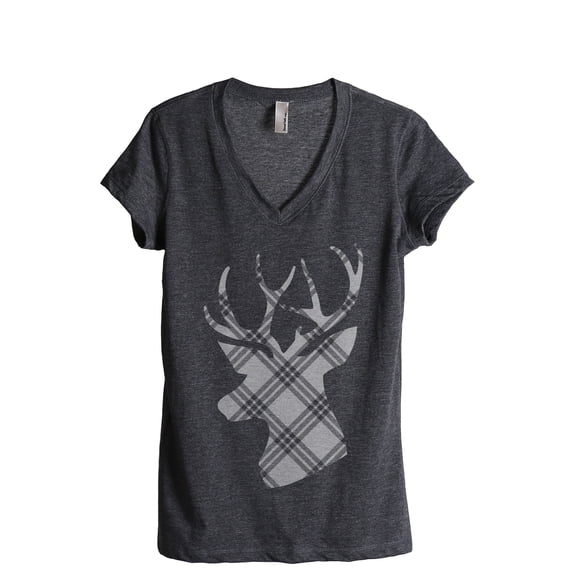Reindeer Plaid Women's Fashion Relaxed V-Neck T-Shirt Tee Charcoal Grey Small