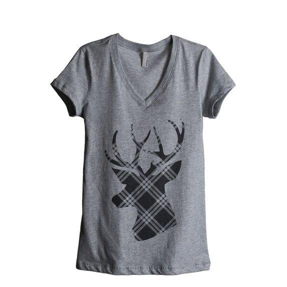 Reindeer Plaid Women's Fashion Relaxed V-Neck T-Shirt Tee Heather Grey X-Large