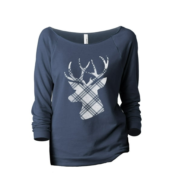 Reindeer Plaid Women's Fashion Slouchy 3/4 Sleeves Raglan Lightweight Sweatshirt Navy Large