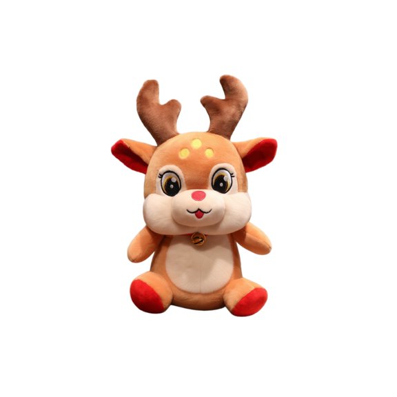 Reindeer Plush Toy, Cute Sitting Christmas Deer with Bell Collar and Red Nose, Soft Fluffy Xmas Kawaii Stuffed Animal Doll for Girls, Merry Christmas Gift