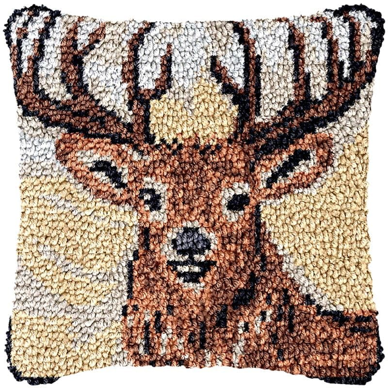 Reindeer Profile Latch Hook Pillow Cover Kits for DIY Handmade Throw Pillow Cross Stitch Latch Hook Pillowcase Rug Kits with Preprinted Color Pattern Canvas Crochet Yarn Kits 17''X 17''(ch46)