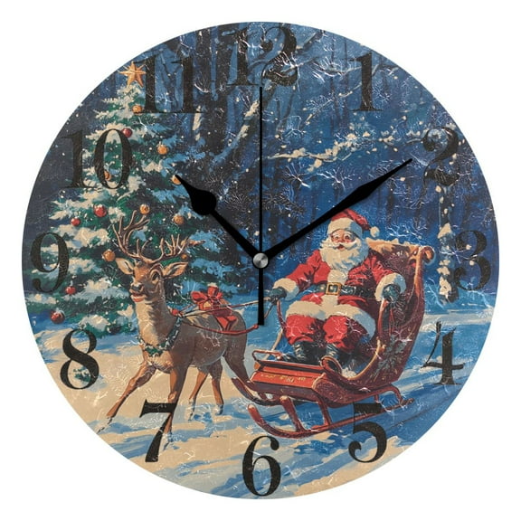 Reindeer Pull Christmas Sleigh Round Wall Clock Battery Operated Silent Non-Ticking Bedroom Office Kitchen Home School Decor 10"(Black)