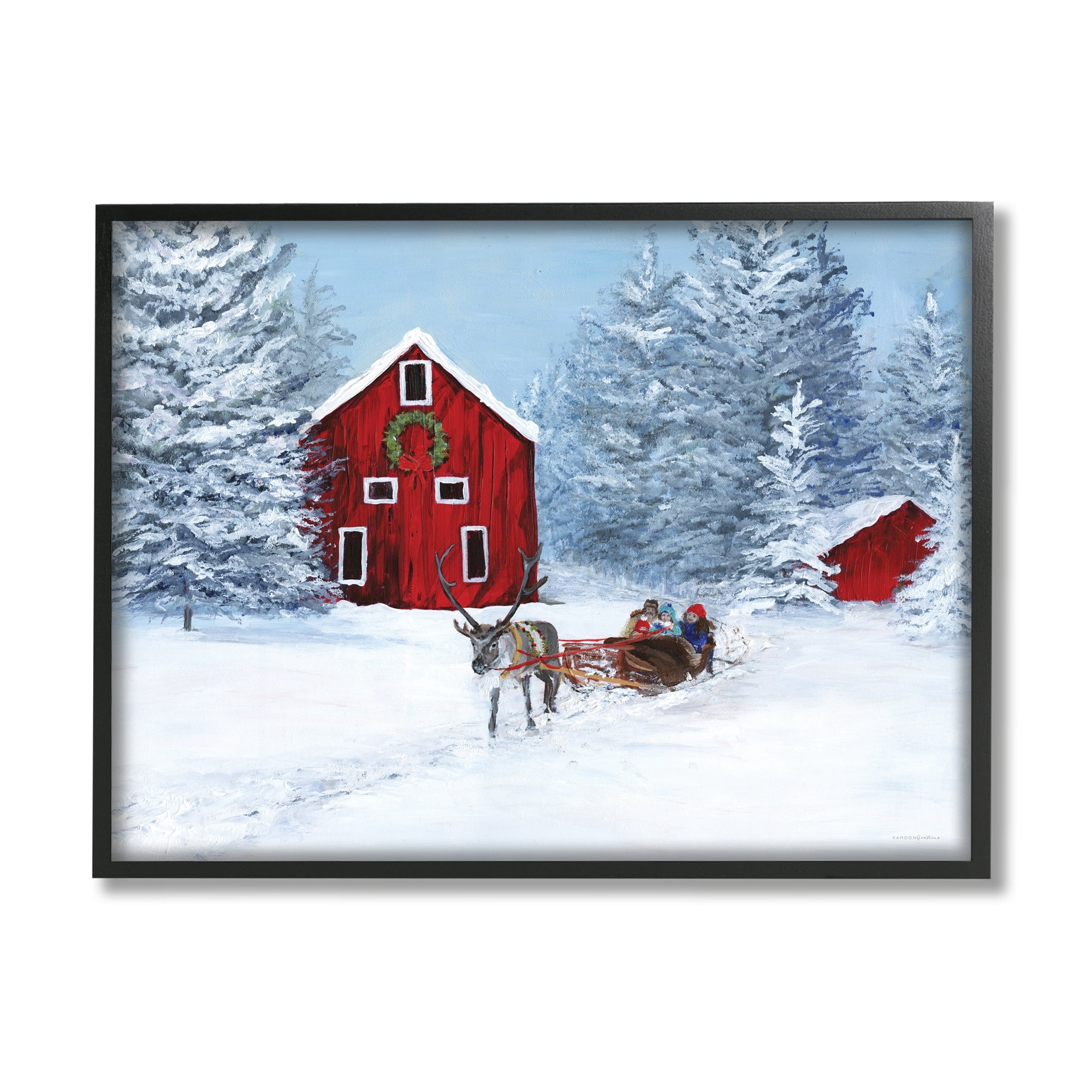 Reindeer Pulling Sled Children Rural Niveous Landscape Landscape Painting Framed Art Print Wall Art