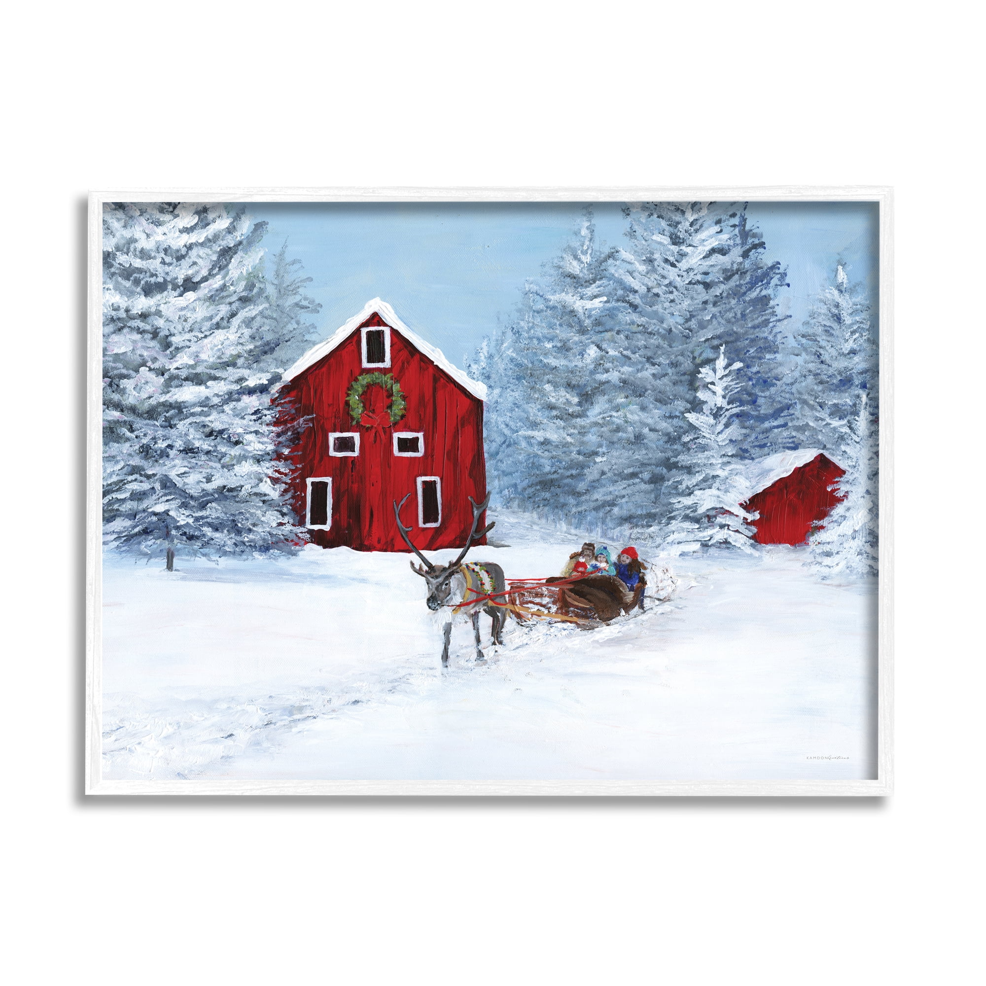 Reindeer Pulling Sled Children Rural Niveous Landscape Landscape Painting Framed Art Print Wall Art