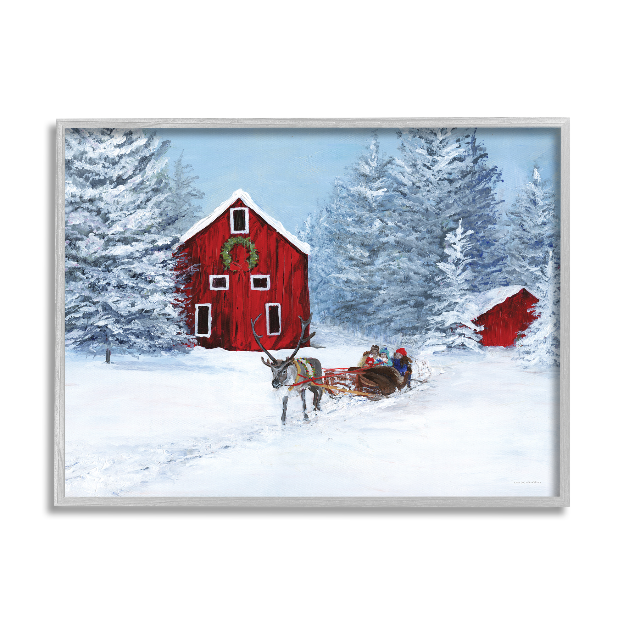 Reindeer Pulling Sled Children Rural Niveous Landscape Landscape Painting Framed Art Print Wall Art
