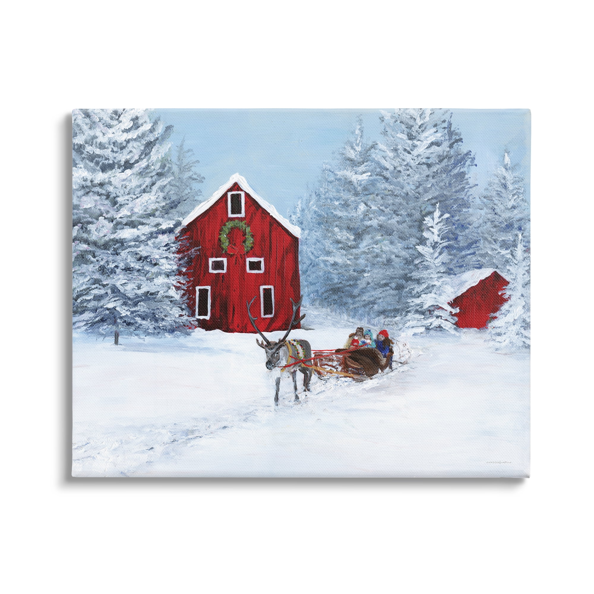 Reindeer Pulling Sled Children Rural Niveous Landscape Landscape Painting Gallery-Wrapped Canvas Print Wall Art
