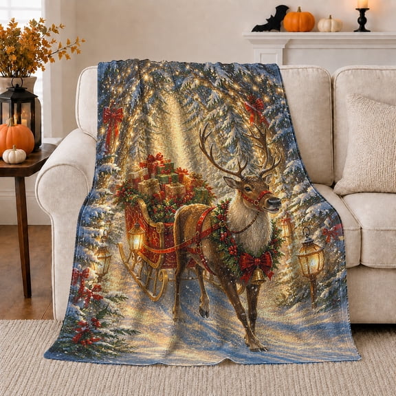 Reindeer Pulling Sleigh with Presents, Whimsical Christmas Style for Holiday Lovers, Snowy Forest Ride and Christmas Gift, Warm Flannel Blanket for Living Room and Guest Room, Home Decor