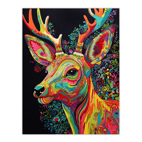 Reindeer Rainbow Abstract Floral Pattern Stag Head Vibrant Bold Bright Colourful Painting Unframed Wall Art Print Poster Home Decor Premium
