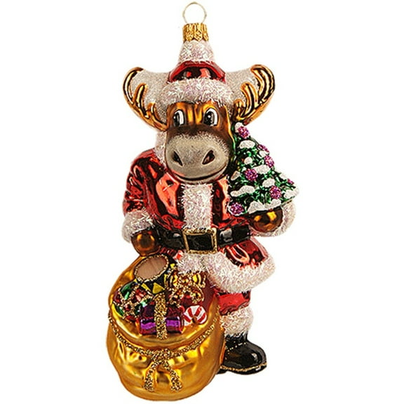 Reindeer Santa Claus with Presents Polish Glass Christmas Tree Ornament Poland