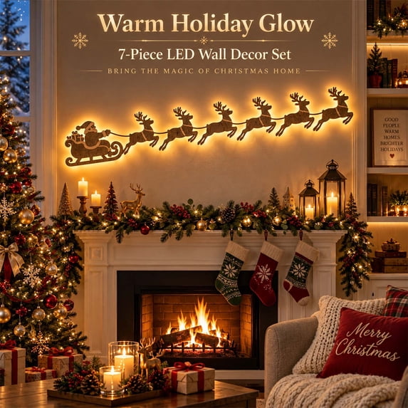 Reindeer Santa Sleigh Christmas Wall Decoration Indoor Lighted 7pcs, LED Wall Decorations, Indoor Holiday Decor for Mantel, Entryway, Staircase and Living Room