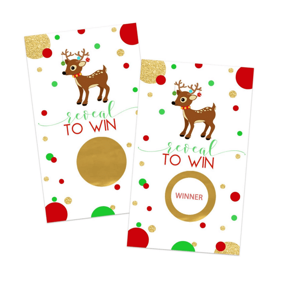28-Pack Reindeer Scratch Off Game Cards for Rudolph Christmas Party, Holiday Raffle, Scratch to Win Prizes, Red & Green Favors by Paper Clever Party