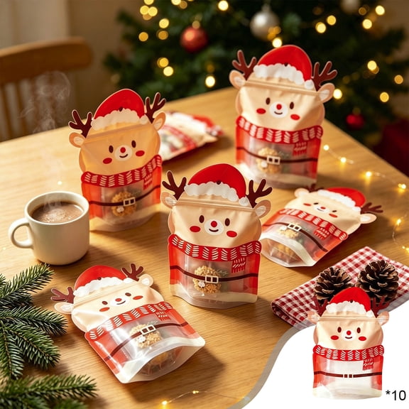 Reindeer Self Sealing Treat Bags 10 Pack Food Safe Clear Plastic Cookie Candy Goodie Packaging Bags For Christmas Holiday Party Favors Red 8.6x5.9 Inch