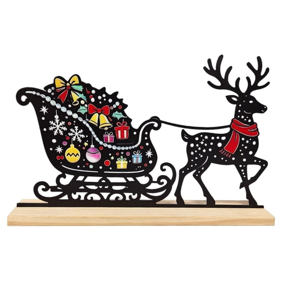 Reindeer Sleigh Figurine, Christmas Tabletop Silhouette, Colorful Sleigh and Deer Artwork, 9.92 x 6.57 x 1.89 Inch Add a Compact Narrative Scene to a Shelf for Mantel Console Desk