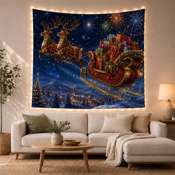 Reindeer Sleigh with Gifts Over Snowy Village and Starry Night, Whimsical Digital Art for Space Lovers, Festive Holiday Decor, Christmas Gift, Tapestry Wall Hanging for Bedroom and Living Room