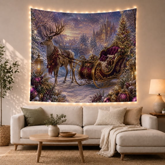 Reindeer and Sleigh in Snowy Castle Scene, Romantic Fantasy for Fantasy Lovers, Enchanted Forest Wall Art, Christmas Gift Tapestry Wall Hanging for Bedroom and Living Room