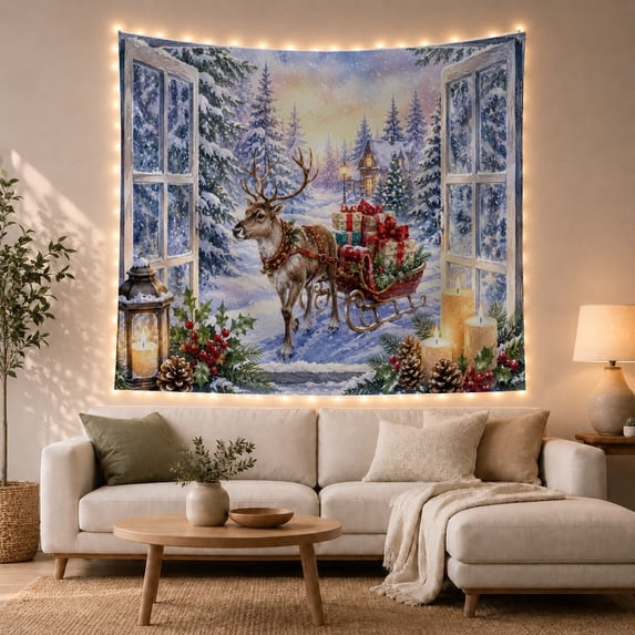 Reindeer and Sleigh in Snowy Forest Window View, Cozy Illustration for Christmas Lovers, Whimsical Art Decor, Christmas Gift Tapestry Wall Hanging for Living Room and Bedroom