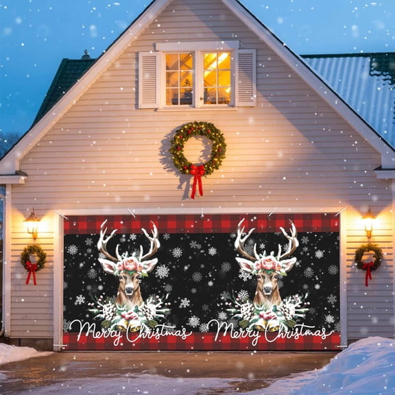 Reindeer Snowflake Christmas Garage Door Decorations, 6x13ft Garage Door Cover Banner with Grommets, Outdoor Garage Door Backdrop Mural for Holiday Party Wall Decor, Buffalo Plaid Pine Cone Berry