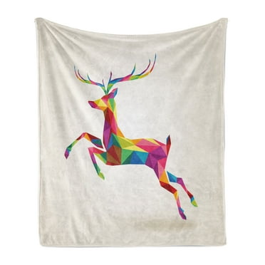 Reindeer Soft Flannel Fleece Throw Blanket, Geometric and Colorful Deer with Fractal Look and Modern Style Xmas Theme, Cozy Plush for Indoor and Outdoor Use, 70" x 90", Multicolor, by Ambesonne