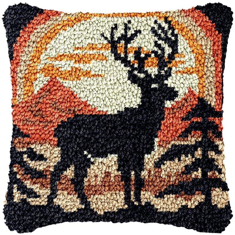 Reindeer Sunset View Latch Hook Pillow Cover Kits for DIY Handmade Throw Pillow Cross Stitch Latch Hook Pillowcase Rug Kits with Preprinted Color Pattern Canvas Crochet Yarn Kits 17''X 17''(ch177)