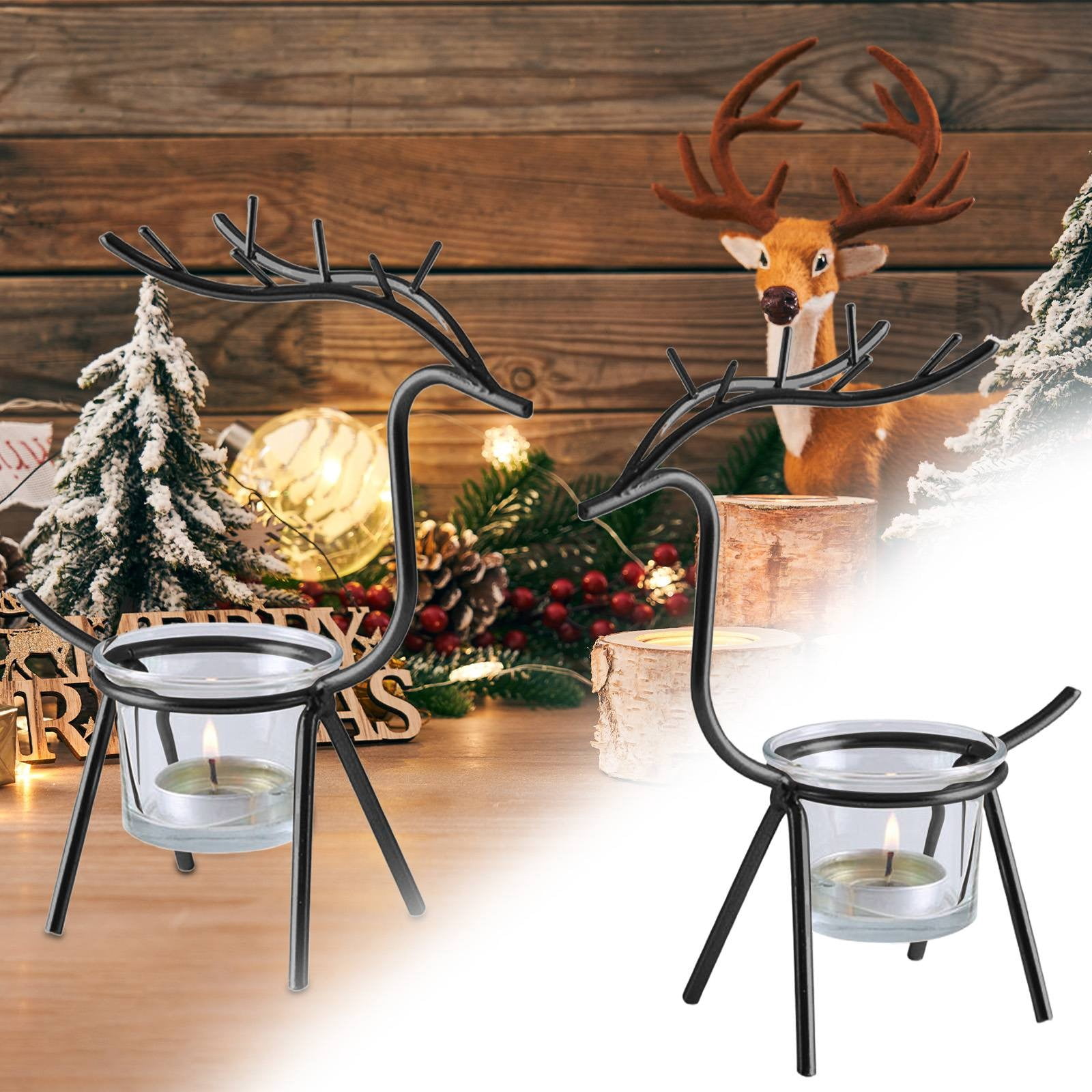 Reindeer Tealight Candle Holder, Metal Reindeer Candlestick with Glass