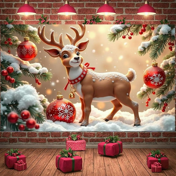 Reindeer Theme Christmas Banner Red Color Reindeer Banner Snowflake Design Christmas Ornament Xmas Banner for Christmas Party Xmas Celebration Winter Holiday