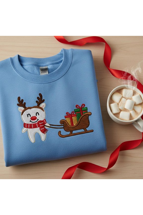 Reindeer Tooth Sleigh Embroidered Sweatshirt, Cute Dental Christmas Sweater, Hygienist Gift, Dentist Office Jumper