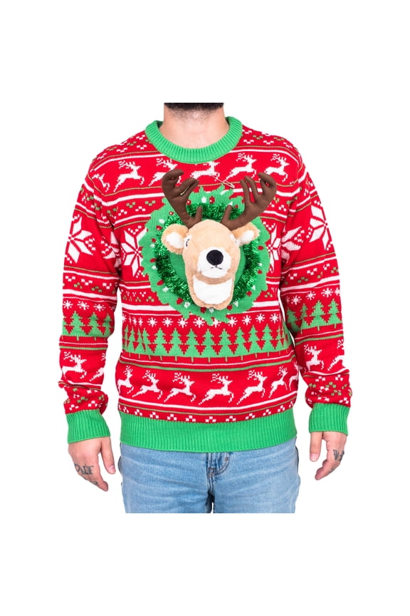 Reindeer Trophy Head 3D LED Lights Ugly Christmas Sweater