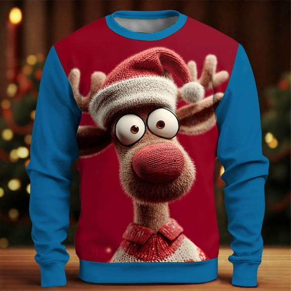 Reindeer Christmas Sweatshirt Funny Neck Shirt Long Sleeve Outdoor Holiday Pullover Top for Men