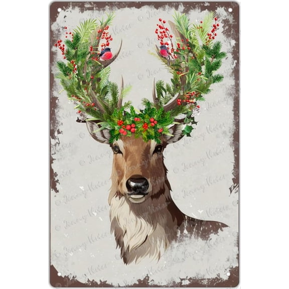 Reindeer Winter Metal Signs Deer Vintage Tin Sign Christmas Holly Home Decor Cabin Wall Sign Decor Watercolor Rustic Deer Winter Wall Art Sign Rustic Farmhouse Wall Decor 12x8 inches
