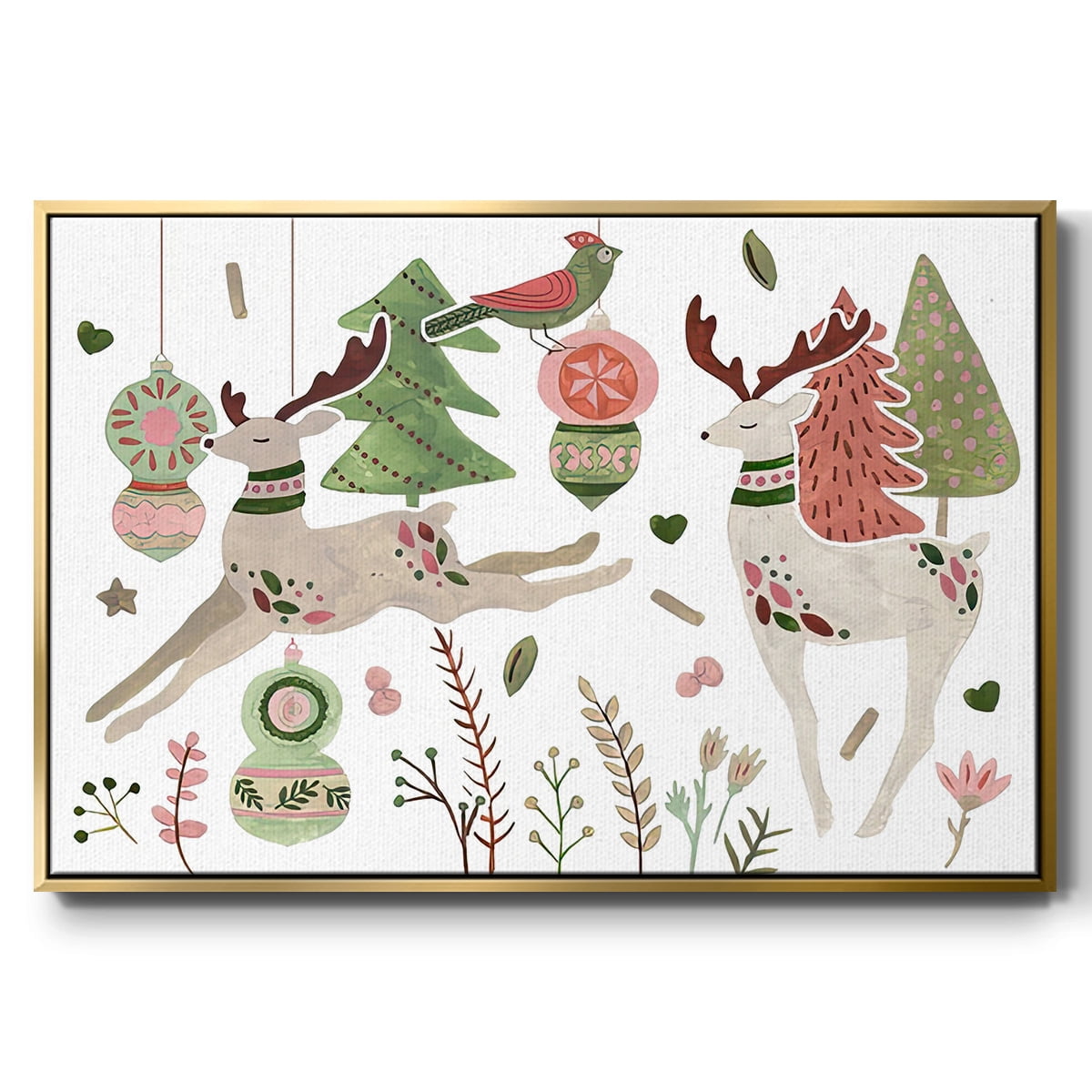 Reindeer Wishes Collection A - Framed Gallery Wrapped Holiday Canvas - 27 x 41 - Gold Frame