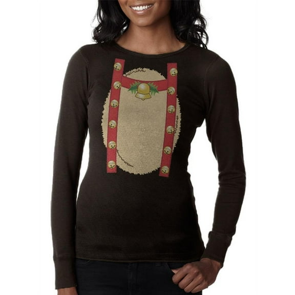 Reindeer With Bells Costume Juniors Long Sleeve Thermal Brown X-LG