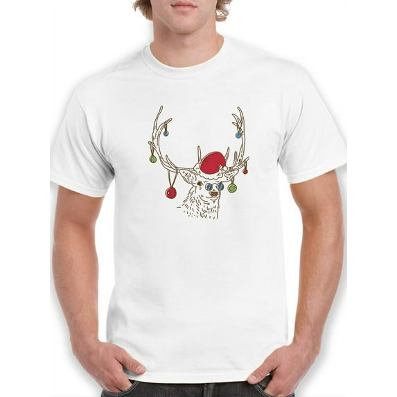 Reindeer With Santa Hat T-Shirt Men -Smartprints Designs, Male x-Large