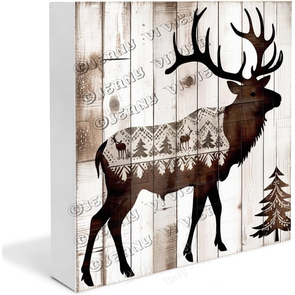 Reindeer Wooden Box Sign Reindeer Gifts Funny Christmas Table Decor Boho Cafe Decor Shelf Decorations for Home Wood Block Signs Housewarming Gifts 7x7 In